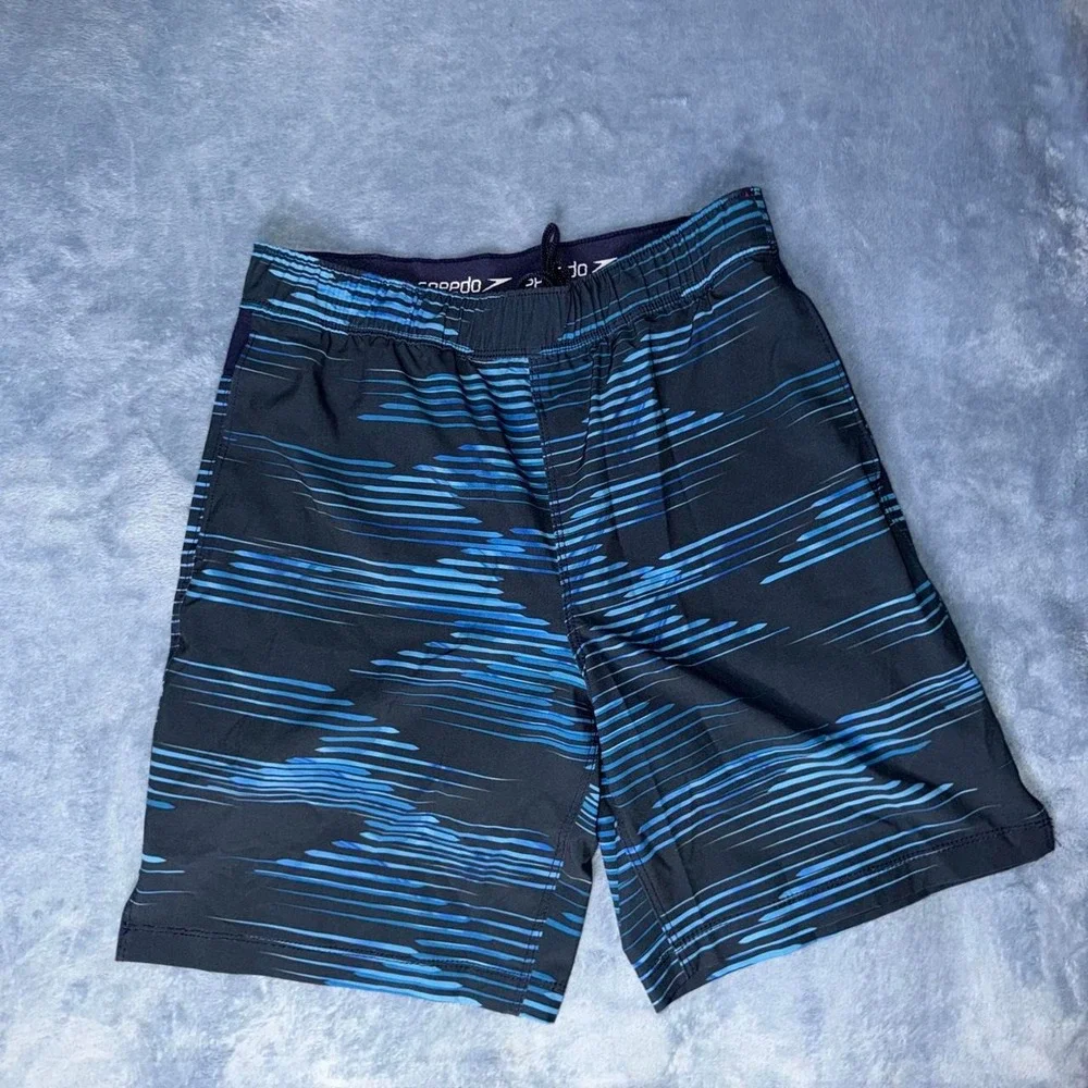 Speedo black & blue striped swim shorts